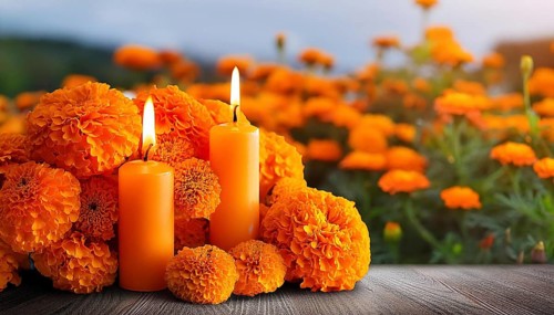 Two lit candles surrounded by vibrant marigolds, set on a wooden surface, creating a serene