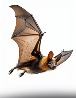 Detailed image of a bat in mid-flight with outstretched wings, captured against a white background,