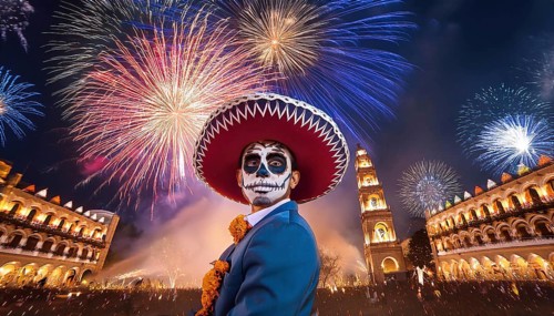 A man adorned with Día de Muertos face paint and a traditional sombrero stands in a historic plaza,