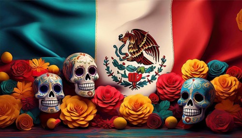 Vibrantly painted skulls and colorful floral decorations placed in front of the Mexican flag,