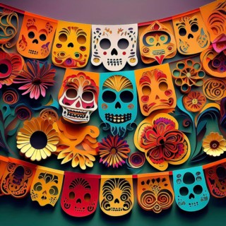 A close-up of vibrant papel picado and intricately designed skull decorations, showcasing the