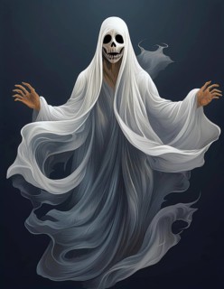 Grim reaper with a skeletal face and outstretched hands, cloaked in flowing white robes against a