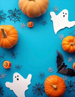 Halloween-themed flat lay featuring pumpkins, paper ghosts, spiders, bat cutout, and spider webs on