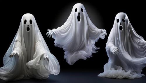 Trio of ghost figures draped in flowing white sheets, with expressive faces, floating against a