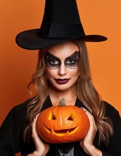 A woman dressed as a witch, with dark makeup and a black hat, holds a carved pumpkin while standing