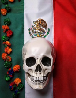 A skull placed on the Mexican flag, accompanied by a colorful marigold garland, symbolizing the Day