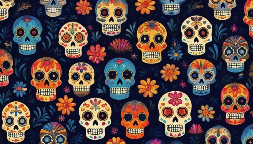 Vibrant pattern of colorful sugar skulls and flowers on a dark background, symbolizing the Dia de
