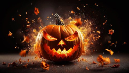 A menacing glowing jack-o'-lantern surrounded by flying autumn leaves creates a fiery and spooky