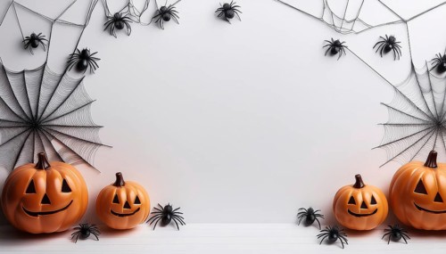 Carved jack-o'-lanterns are surrounded by black spider webs and plastic spiders against a clean