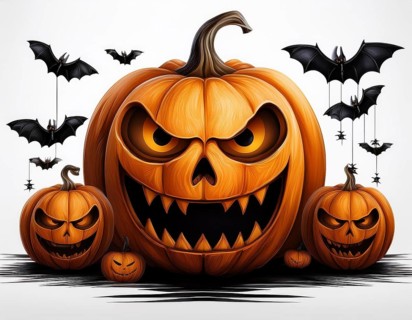 Large jack-o-lanterns with menacing faces surrounded by flying bats create a spooky Halloween scene