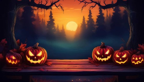 Halloween scene featuring glowing jack-o'-lanterns on a wooden bench, framed by trees in a spooky