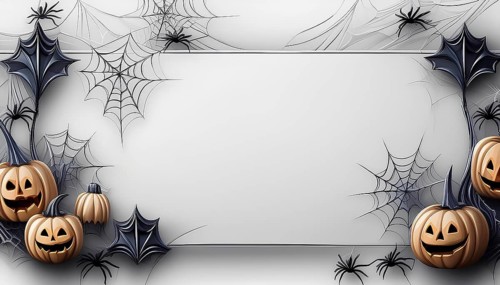 A clean white Halloween banner featuring smiling jack-o'-lanterns, black spiders, and webs,