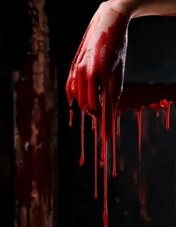 Close-up of a hand covered in red liquid, dripping against a dark background. The eerie lighting