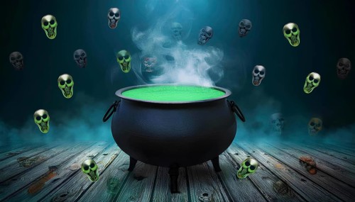 A large black cauldron filled with a glowing green potion surrounded by eerie floating skulls. The