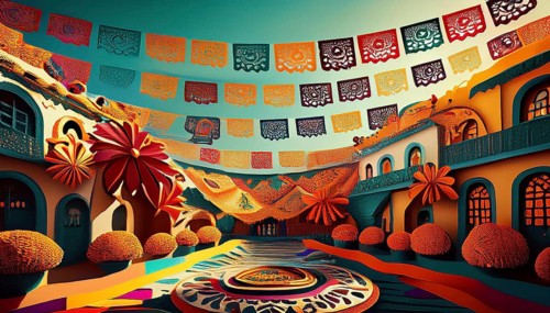 A colorful Mexican courtyard decorated with vibrant papel picado banners and marigold flowers,