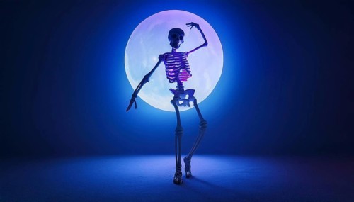 A skeleton stands in a dramatic pose with glowing bones, illuminated by a full moon. The scene,