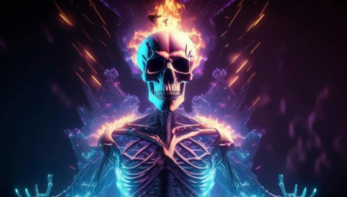 A glowing skeleton with a fiery skull radiates vibrant colors in a dark Halloween scene. The flames