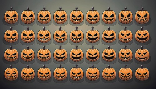 A seamless pattern of jack-o'-lantern faces showing various spooky and mischievous expressions.