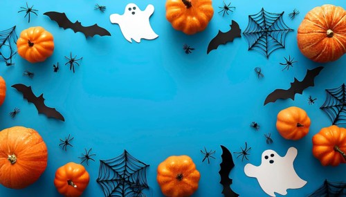 Halloween flat lay with pumpkins, ghost cutouts, bats, spiders, and spiderwebs on a bright blue