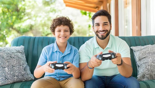 A man and a boy are playing a video game together on a couch. The boy is smiling and the man is