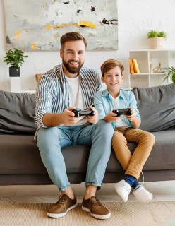 A man and a boy are sitting on a couch playing video games. The man is smiling and the boy is