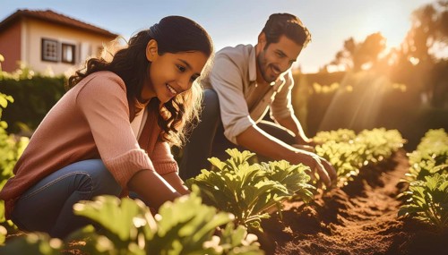 A man and a woman are working in a garden. They are both smiling and seem to be enjoying their time