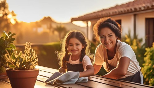 A woman and a little girl are standing next to a potted plant. Scene is warm and friendly, as the