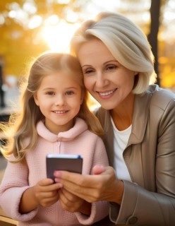 A woman and a little girl are sitting together and looking at a cell phone. The woman is smiling
