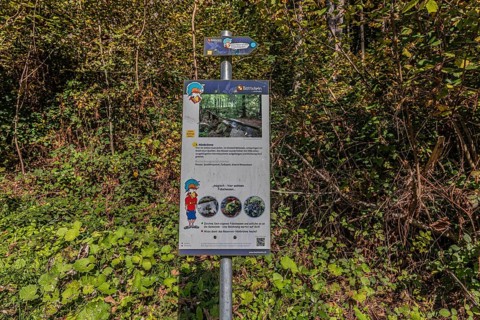 Information board of the artificially created water channel that used to power the historic oil