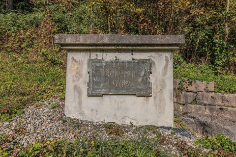 Water reservoir with the inscription Böttstein 1902 of the artificially created water channel that