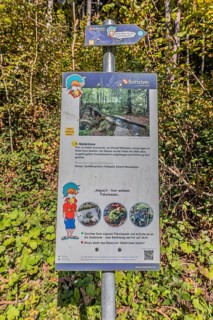 Information board of the artificially created water channel that used to power the historic oil
