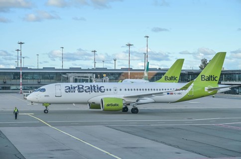 Runway, apron, aircraft Air Baltic, airport, Riga International Airport, Riga, Latvia