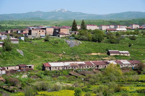 Village with cozy houses surrounded by green hills and mountains, Kechut, Kushchi, Kush-Bilyak,