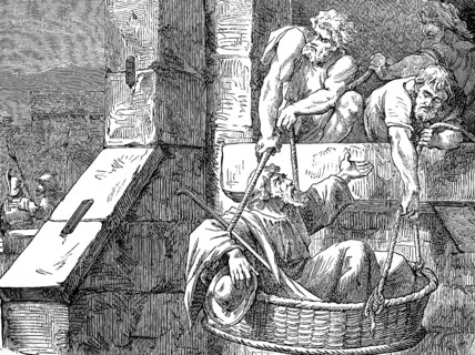 Paul flees in a basket through a window on the wall and escapes from Damascus, 2nd letter to the