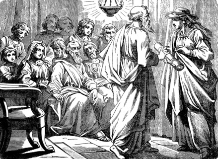 Paul hands Phoebe the letter to Christians in Rome, epistle of St. Paul to the Romans, chapter 16,