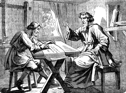 Paul dictates to Tertius the letter to the Romans, epistle of St. Paul to the Romans, chapter 16,