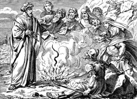 Paul in Melite, Malta, hurls the otters into the fire and remains unharmed, Acts of St. Luke,