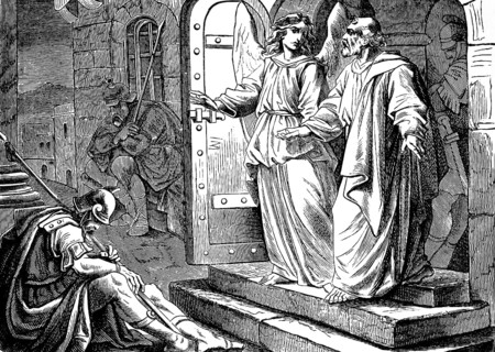 An angel frees Peter from prison, get up and the chains fell from his hands, Acts of St. Luke,