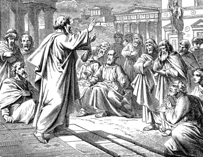 Paul preaching on the place of execution in Athens, Acts of St. Luke, chapter 1, unknown god, new