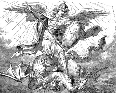 Michael's dispute with the dragon who carried seven heads with seven crowns and ten horns, The