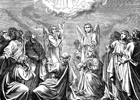 Symbolic picture of the Ascension of the Acts of the Apostles St. Luke, ray of light, cloud, angel,