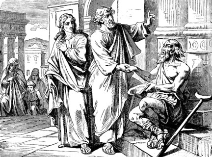 Healing the lame man, Peter and John in front of the temple door, in the name of Jesus Christ of