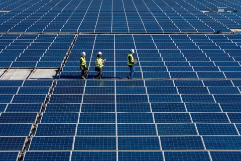 Team of diverse engineers walking across a large solar farm, checking photovoltaic panels and