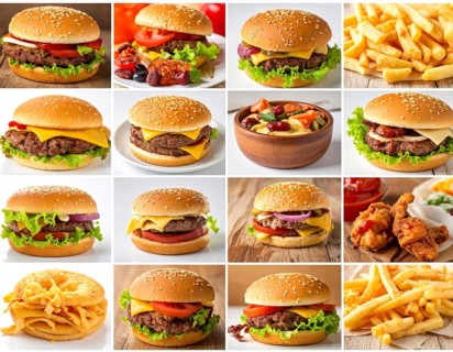 Collage of various fast food meals. beagles, hamburger, cheeseburger, french fries and a view green
