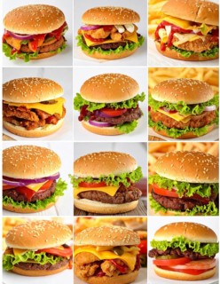 Collage of various fast food meals. beagles, hamburger, cheeseburger, french fries and a view green