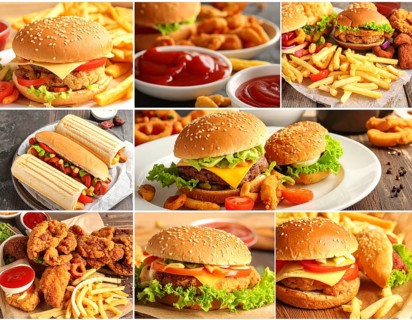 Collage of various fast food meals. beagles, hamburger, cheeseburger, french fries and a view green