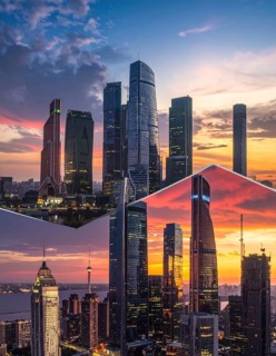 Collage of skyscrapers of a metropolitan city, various skylines with different blue sky in sunset,