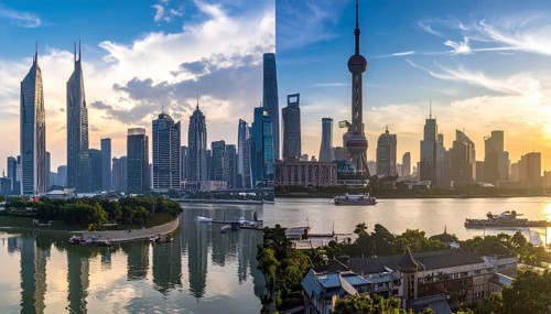 Collage of skyscrapers of a metropolitan city, various skylines with different blue sky in sunset,