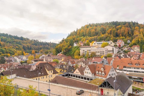 Historic town with half-timbered houses and autumn trees under cloudy sky, Calw, Black Forest,