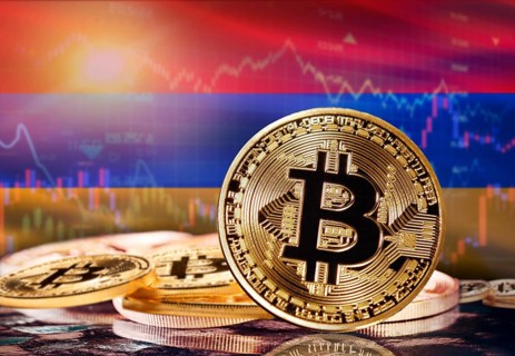 Bitcoin with Armenia flag in the background. Investors in cryptocurrency and Blockchain Technology
